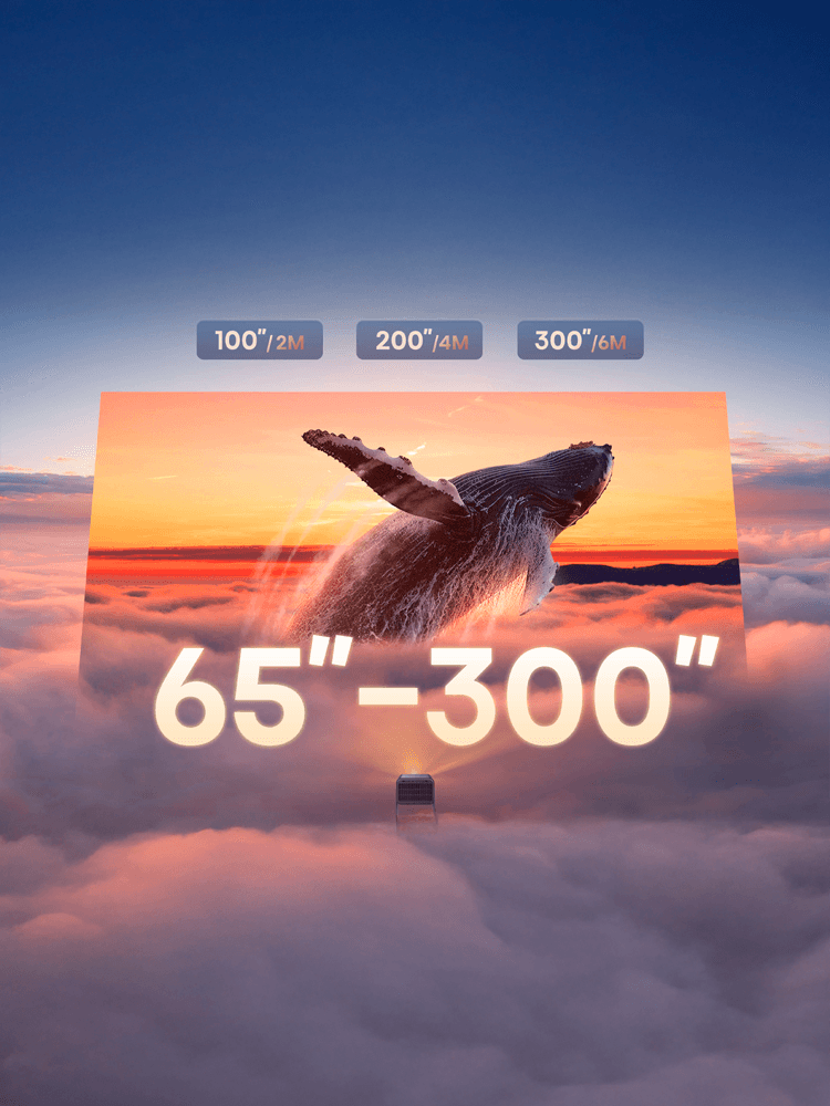 Imagem da feature sobre projeção de 65 polegadas até 300 polegadas