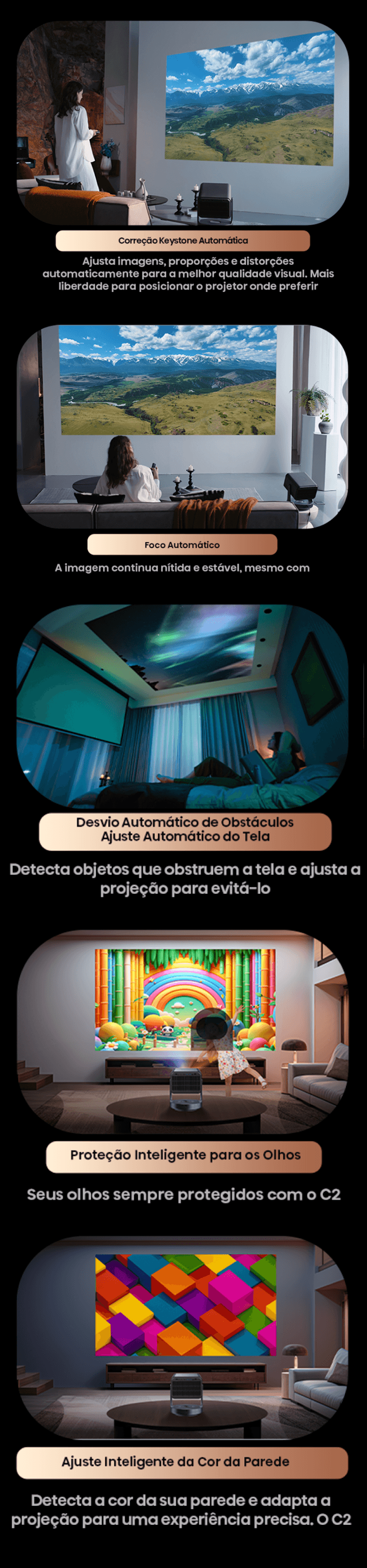 Detalhes do projetor, mostrando a feature ajuste automático IA Magic 2.0