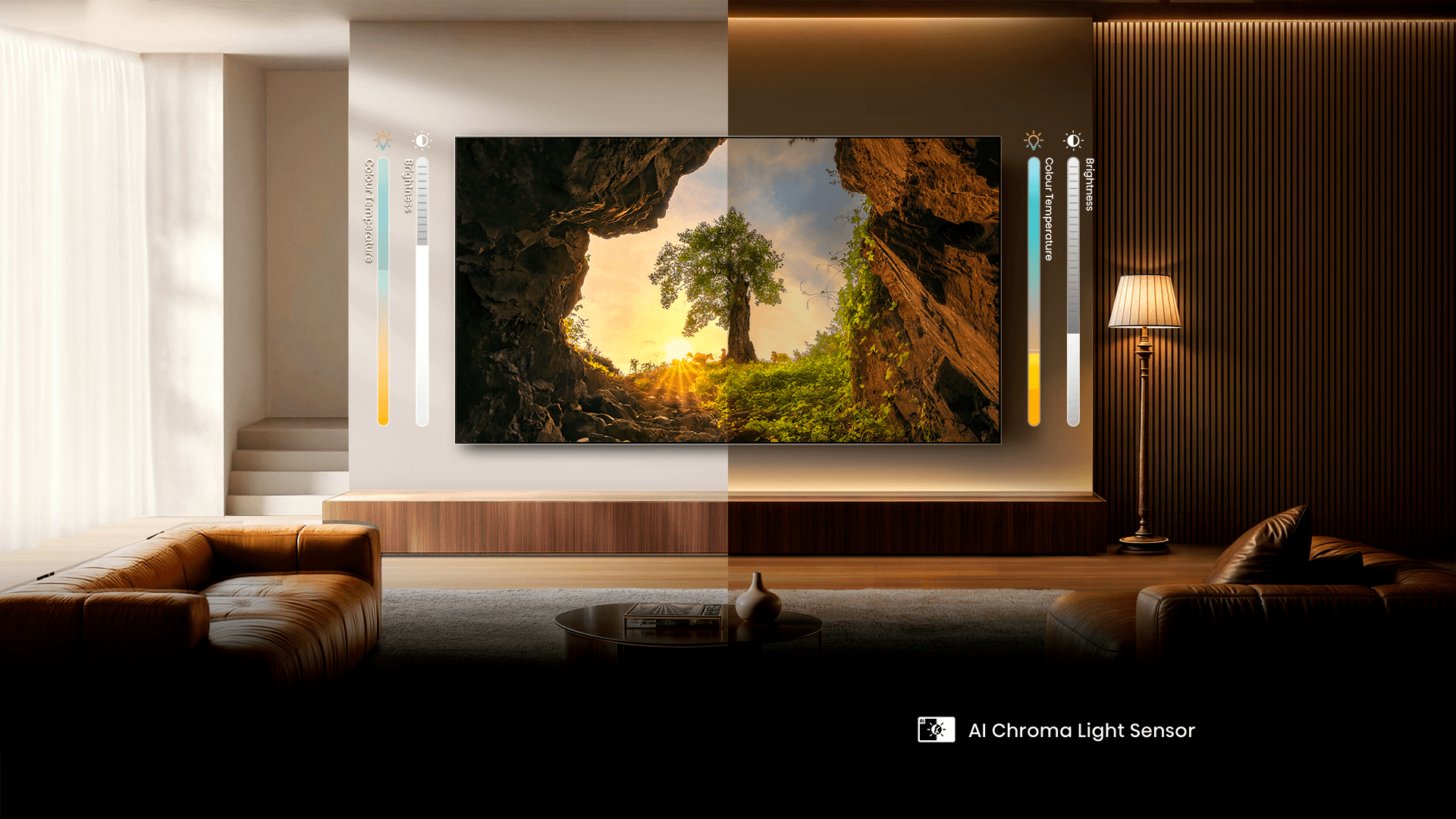 Imagem mostrando a tecnologia AI Chroma Light, que adapta o brilho da tela em qualquer ambiente