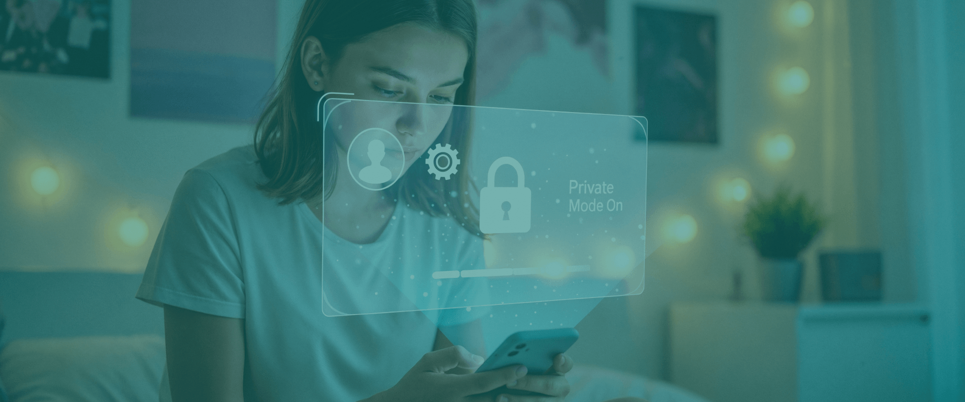 banner de privacidade, garota mexendo no celular e exibindo logo com cadeado, assegurando a privacidade na navegação.