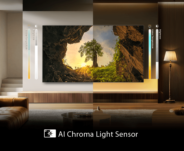 Imagem mostrando a tecnologia AI Chroma Light, que adapta o brilho da tela em qualquer ambiente